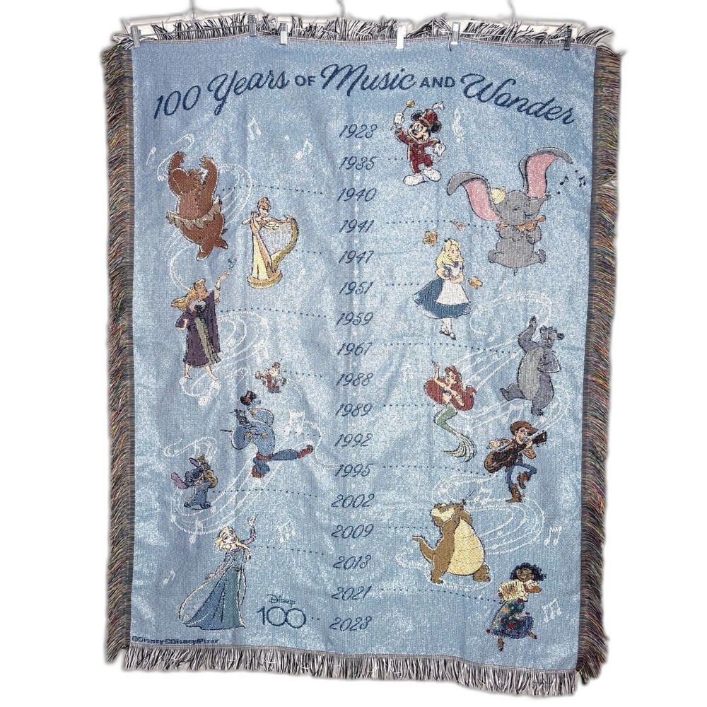 Disney 100 Years Metallic Woven Tapestry Throw Blanket 48"x 60" Blue Fringe Edge